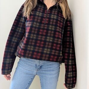 Vintage Eddie Bauer Plaid Collared Quarter-Zip Pullover Fleece Jacket In Red/Tan